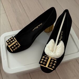 Salvatore Ferragamo Black Heels with Gold Studs